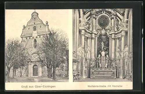 AK Ober-Elchingen, Wallfahrtskirche, Aussenansicht und Inneres mit Hochaltar