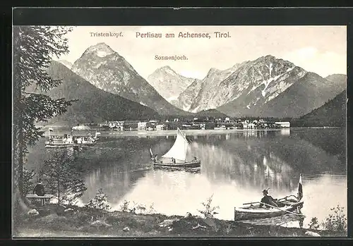 AK Pertisau am Achensee, Gesamtansicht mit Sonnenjoch und Tristenkopf