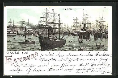Lithographie Hamburg, Schiffe im Hafen