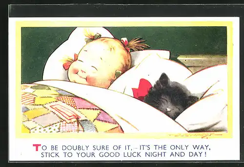 Künstler-AK Douglas Tempest: Baby und Kätzchen schlafen gemeinsam in einem Bett
