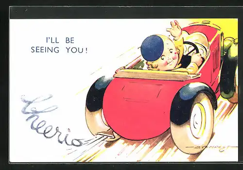 Künstler-AK Douglas Tempest: I'll be seeing you!, Frau rauscht winkend im Auto davon