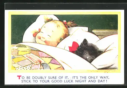 Künstler-AK Douglas Tempest: Baby und Kätzchen schlummern friedlich gemeinsam in einem Bett