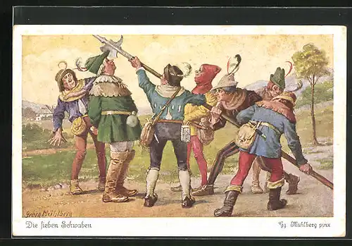Künstler-AK Georg Mühlberg: Die sieben Schwaben, Szene: Begutachten des Spiesses