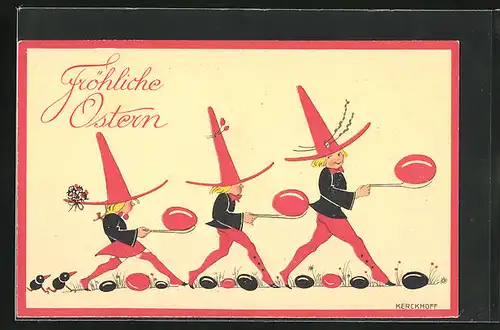 Künstler-AK Kerckhoff: Fröhliche Ostern, Kinder mitspitzen Hüten balancieren Eier auf Löffeln