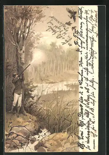Künstler-AK Arthur Heyer: Jäger schiesst auf einen Wildvogel