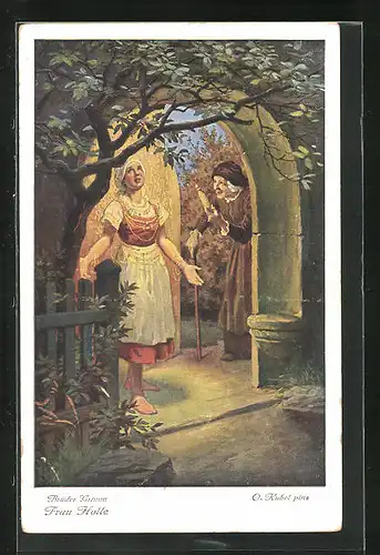 Künstler-AK Otto Kubel: Frau Holle, Brüder Grimm, die Alte mit der Spindel an der Haustür