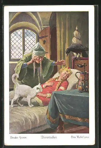 Künstler-AK Otto Kubel: Dornröschen, Brüder Grimm, Mütterchen am Bett des schlafenden Dornröschens