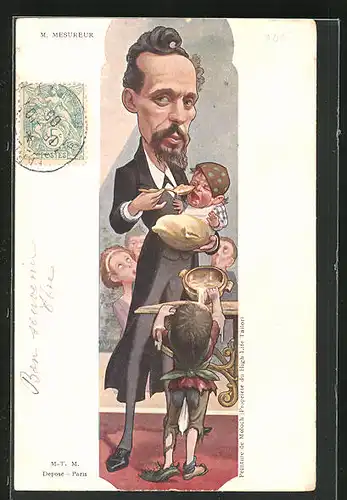 Künstler-AK Alphonse Hector Colomb (B. Moloch): Karikatur von M. Mesureur beim Füttern eines Babys