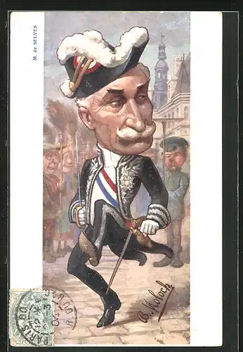 Künstler-AK Alphonse Hector Colomb (B. Moloch): Karikatur von M. de Selves durch die Strasse laufend