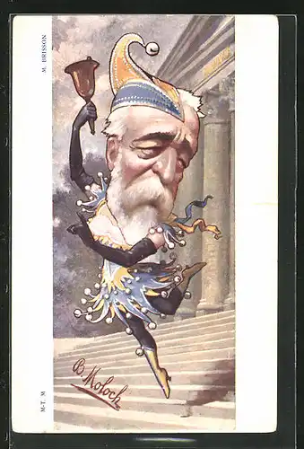 Künstler-AK Alphonse Hector Colomb (B. Moloch): Karikatur von M. Brisson tanzt im Karnevalskostüm eine Treppe hinunter