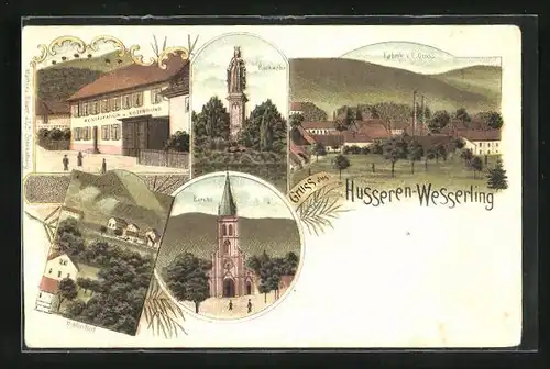 Lithographie Husseren-Wesserling, Kirche, Bahnhof, Gasthaus v. Hiltenbrand, Fabrik v. E. Gross