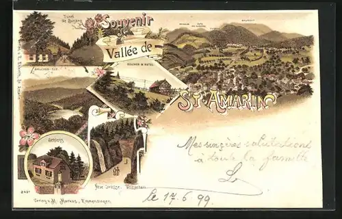 Lithographie St. Amarin, Schloss, Neue Strasse am Wasserfall, Tunel de Busang, Belchen mit Hotel