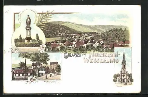 Lithographie Hüsseren-Wesserling, Kirche, Eingang der Fabrik E. Gros Roman, Denkmal