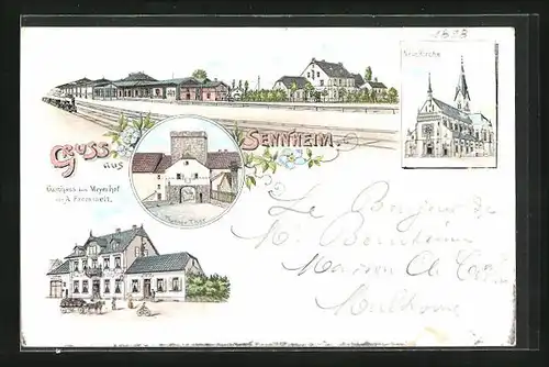 Lithographie Sennheim, Neue Kirche, Gasthaus zum Meyerhof, Bahnhof