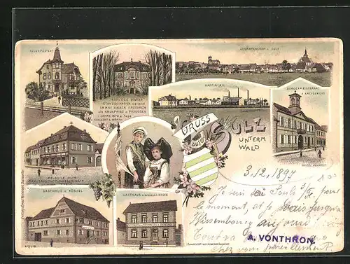 Lithographie Sulz unterm Wald, Gasthaus zum Rössl, Gasthaus z. weissen Hahn, Raffinerie, Bürgermeisteramt