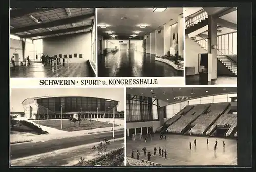 AK Schwerin, Sport- und Kongresshalle, Aussen- und Innenansichten