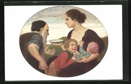 Künstler-AK Ludwig von Zumbusch: Menschenliebe, Mutter mit zwei Kindern gibt einem Bettler einen Teller Suppe