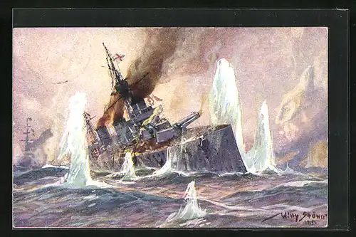 Künstler-AK Willy Stoewer: Seegefecht in der Nordsee 1915, engl. Schlachtkreuzer im Salvenfeuer deutscher Kreuzer