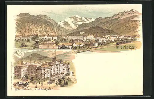 Lithographie Interlaken, Hotel National, Pension Wyder, Ortsansicht