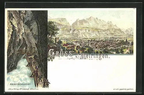 Lithographie Meiringen, Aaresschlucht, Ortsansicht mit Gebirgskette