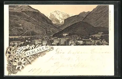 Lithographie Interlaken, Panorama mit Bergen