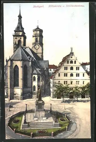 AK Stuttgart, Stiftskirche und Schillerdenkmal