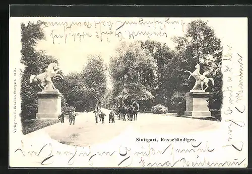 AK Stuttgart, Rossebändigerstatuen im Park