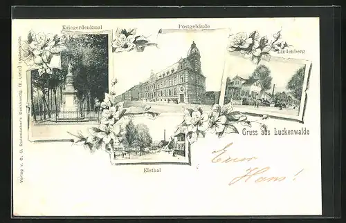 AK Luckenwalde, Gasthaus Lindenberg, Kriegerdenkmal, Postgebäude und Elsthal