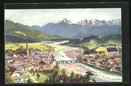 Künstler-AK Bad Tölz, Ortsansicht mit Fluss und Brücke, Berglandschaft