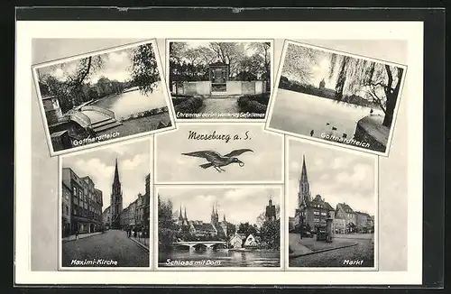AK Merseburg a. S., Gotthardtteich, Ehrenmal der im Weltkrieg Gefallenen, Maximi-Kirche