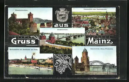 AK Mainz, Eisenbahnbrücke, Strassenbrücke, Rheinansicht mit Stadthalle und Dom
