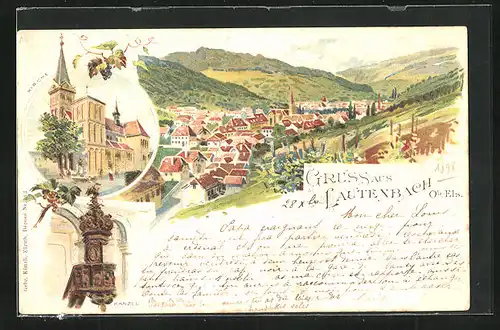 Lithographie Lautenbach, Ortsansicht, Kirche, Kanzel