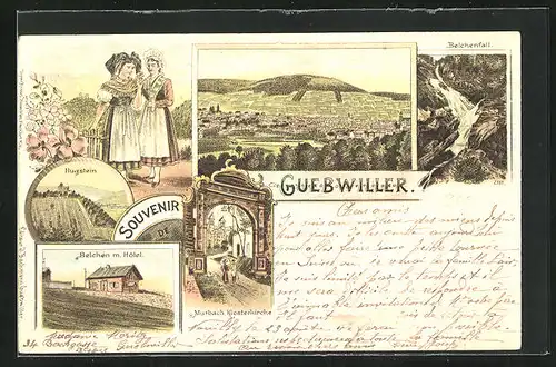 Lithographie Guebwiller, Ortsansicht, Klosterkirche, Belchen mit Hotel, Frauen in Trachten