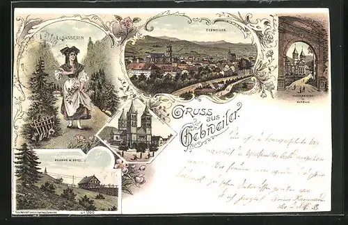 Lithographie Gebweiler, Ortsansicht, Klosterkirche, Elsässerin in Tracht