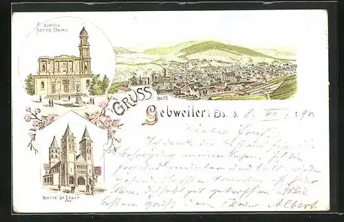 Lithographie Gebweiler, Ortsansicht, Kirche Notre-Dame, Kirche St. Leger
