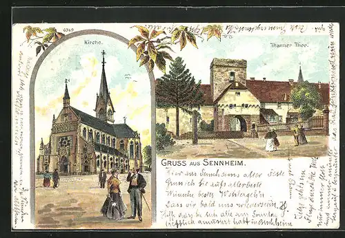 Lithographie Sennheim, Kirche, Thanner Thor