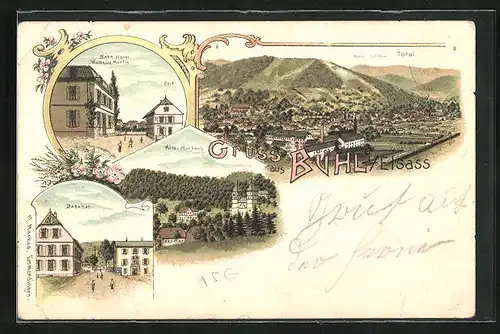 Lithographie Bühl, Bahn Hotel Wilhelm Martin, Ortsansicht, Bahnhof, Abtei Murbach