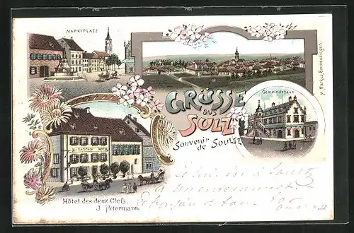 Lithographie Sulz, Hotel des deux Clefs, Inhaber J. Petermann, Gemeindehaus, Marktplatz
