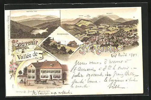 Lithographie St. Amarin, Hotel Goldener Löwe, Belchen mit Hotel, Gesamtansicht Ort und Umgebung