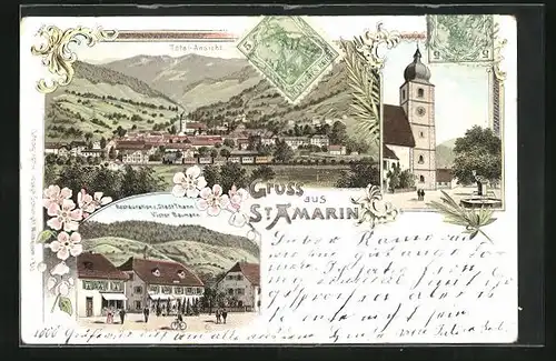 Lithographie St. Amarin, Restauration zur Stadt Thann von Victor Baumann, Kirche, Ortsansicht
