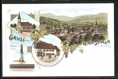 Lithographie Ranspach, Gasthaus zum Freiheitsbaum, St. Antonius-Brunnen, Ortsansicht