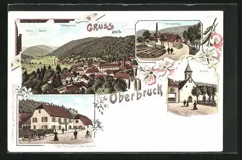 Lithographie Oberbruck, Hotel-Restaurant Jules Salomon, Rennschmiede, Ortsansicht