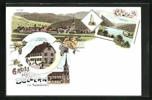 Lithographie Dollern, Gasthaus zum Alfeld-See, Kirche, Reservoir, Ortsansicht