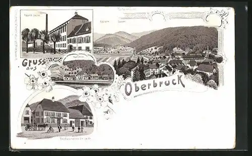 Lithographie Oberbruck, Restauration Ch. Veith, Fabrik Zeller, Bahnhof, Ortsansicht