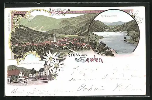 Lithographie Sewen, Gasthaus Jul. Lintzer, Alfeld Stauweiher, Ortsansicht