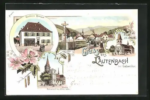 Lithographie Lautenbach b. Gebweiler, Gasthaus Herrgott, Kirche, Ortsansicht