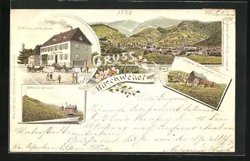 Lithographie Bitschweiler, Hotel zum grünen Baum, Belchen, Gebweiler Belchenhaus