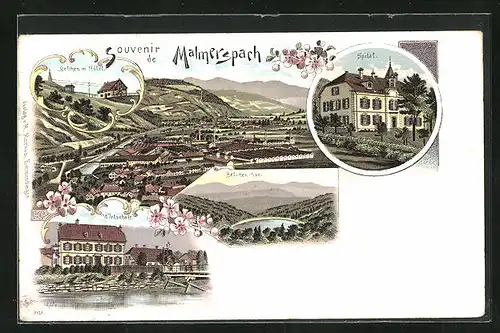 Lithographie Malmerspach, Gasthaus, Belchen mit Hotel, Spital, Ortsansicht