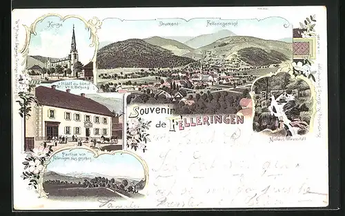 Lithographie Felleringen, Hotel du Boeuf, Niclaus-Wasserfall, Kirche, Ortsansicht