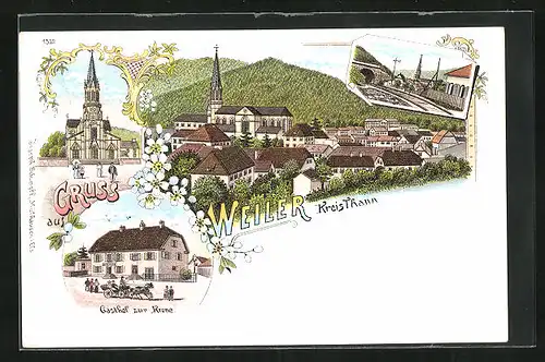 Lithographie Weiler, Gasthof zur Krone, Kirche, Ortsansicht